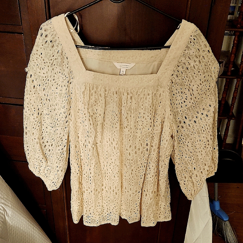 LC Lauren Conrad Cream Puff Sleeve Smocked Blouse